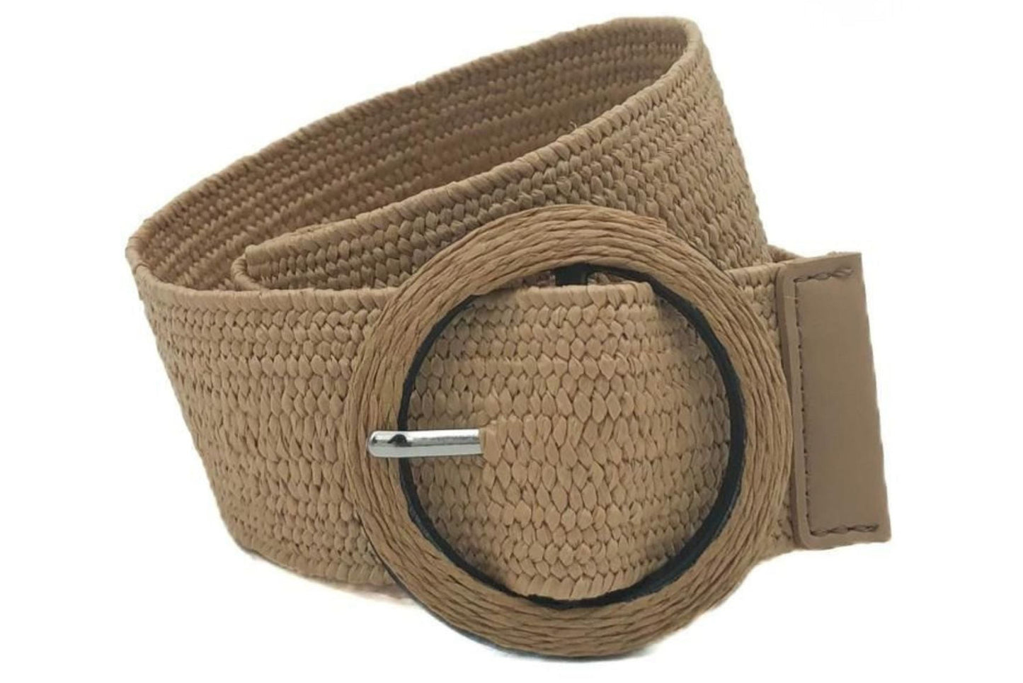 ZANDKLEURIGE RAFFIA RIEM MET GROTE RONDE GESP VERKOOPPRIJS: 12,00,-