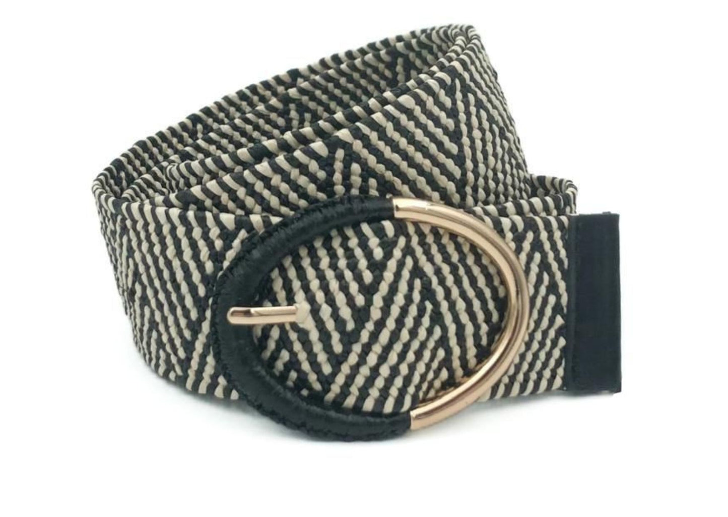 GESTREEPTE RAFFIA RIEM MET GROTE OVALE MIX GESP VERKOOPPRIJS: 12,00,-