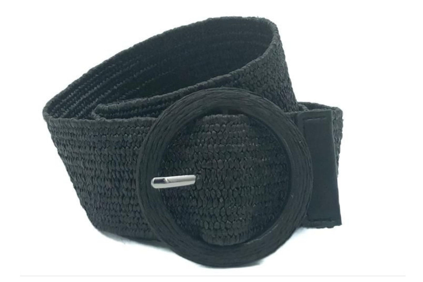 ZWARTE RAFFIA RIEM MET GROTE RONDE GESP VERKOOPPRIJS: 12,00,-