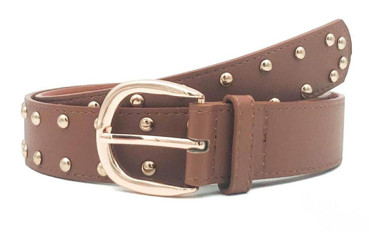 COGNAC RIEM MET STUDS EN EEN GOUDEN GESP VERKOOPPRIJS: 12,00,-
